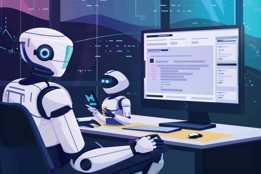 Collaborative scene with an AI robot working together on drafting a blog post on a computer.