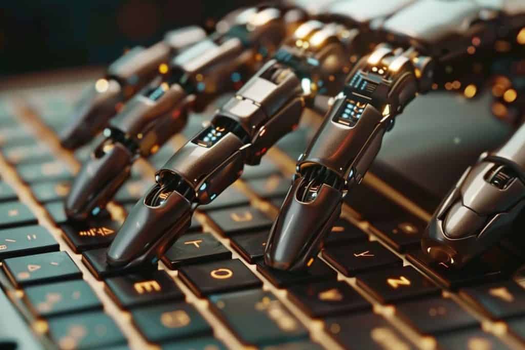 A robots hand typing on a computer keyboard.