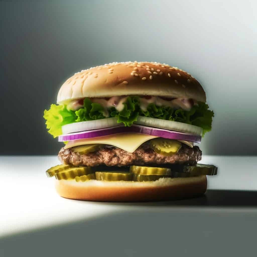The hero shot of the hamburger showcases all the visible layers, including the juicy beef patty, crisp lettuce, sliced onions, pickles, and melting cheese, all held together by a sesame seed bun. 