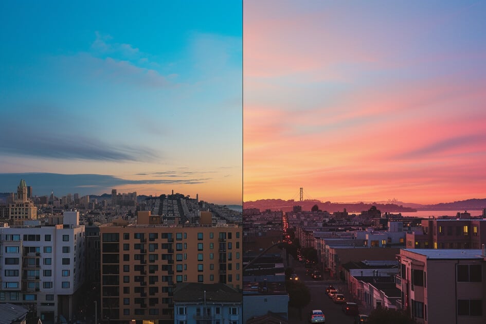 A split-screen photo showing two versions of the same scene: a cityscape at sunset. The left side is a crisp, detailed photograph (stylize value at 0), and the right side is the same scene reimagined with a high stylize value (1000)