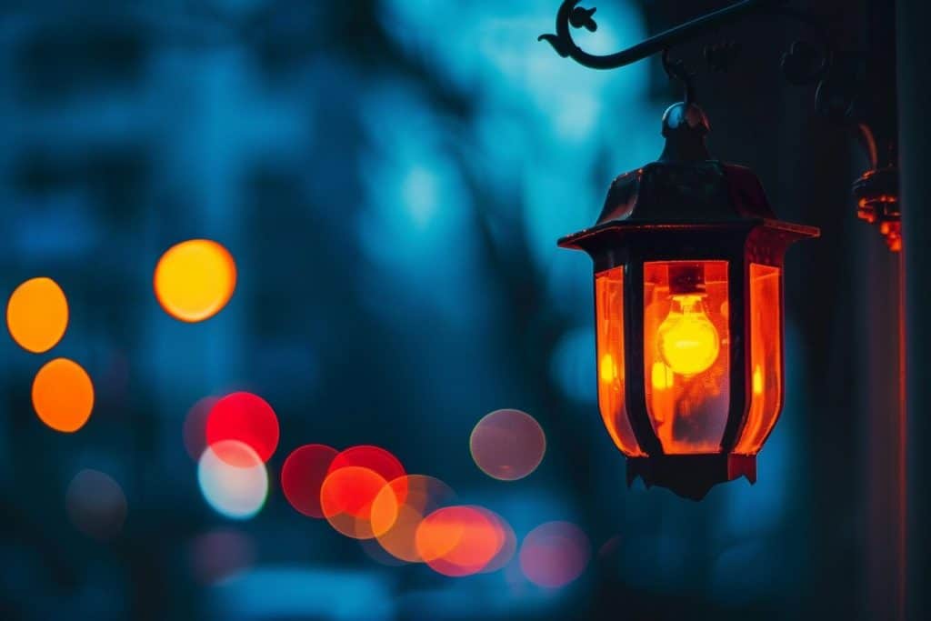 A street lamp illuminated at night.