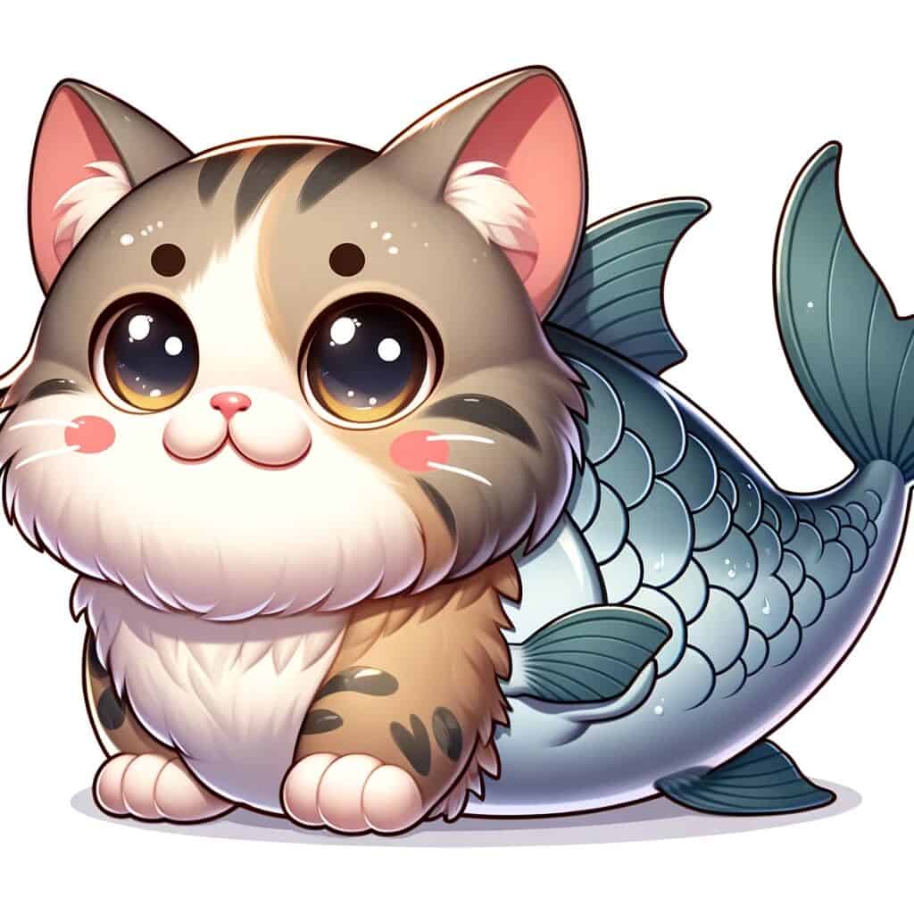A cute adorable mashup animal character that's a mashup of a Cat and a Fish.