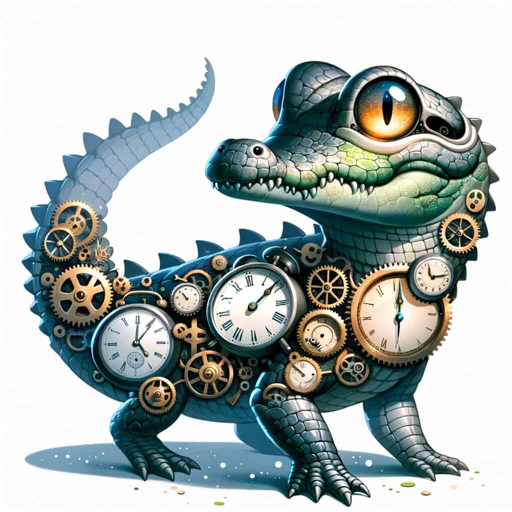 A cute adorable mashup animal character that's a mashup of a Crocodile and clocks.