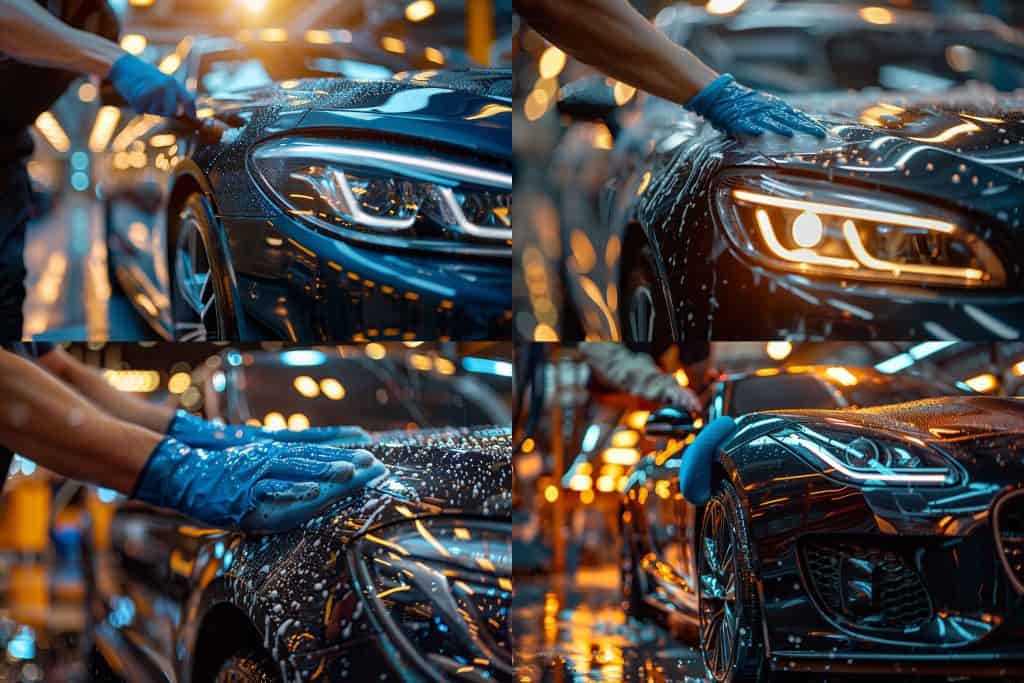 Close-up of hands polishing a black car with a blue shammy, highlighting the shine and texture contrast.