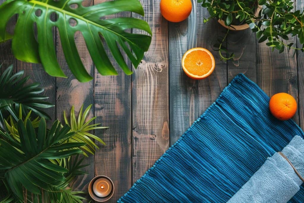 A mat on the floor with an range and a monstera plant.