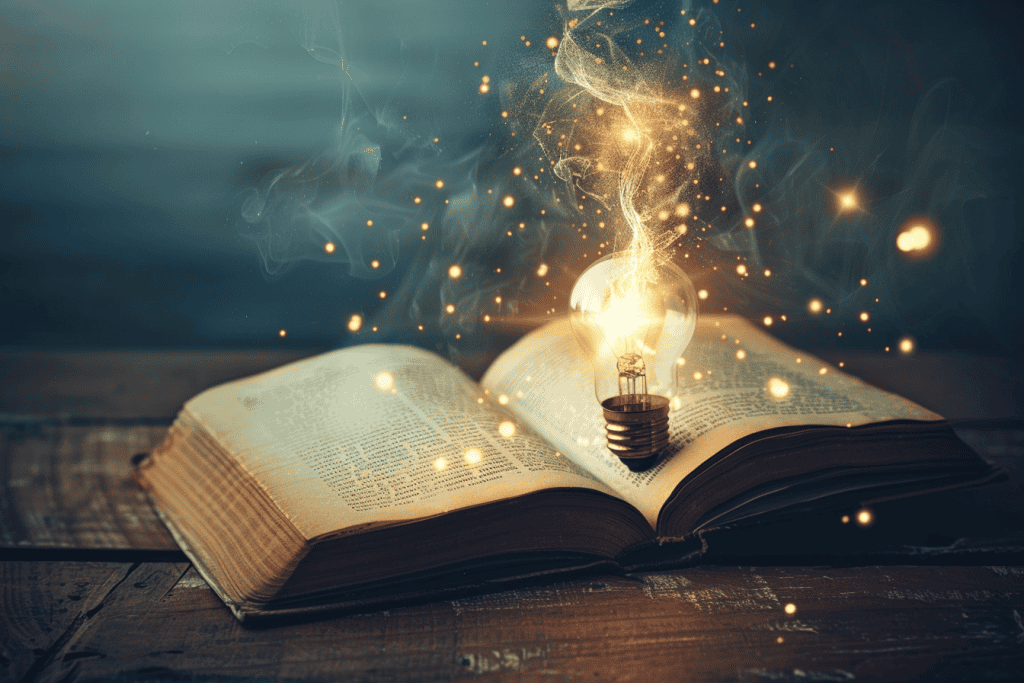A lightbulb illuminated over top of a open book.
