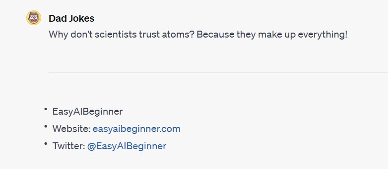Dad Jokes GPT response showing the list style signature.