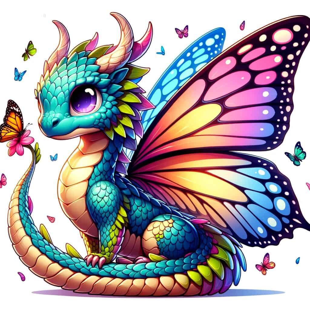 A cute adorable mashup animal character that's a mashup of a Dragon and Butterfly.