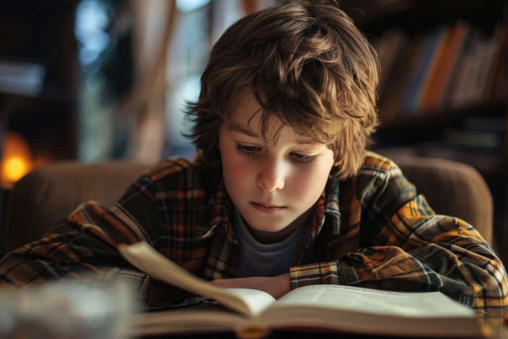 A child sitting at a table reading a book.