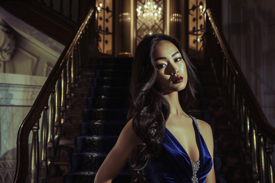 Elegant evening gown shoot. Female, Hispanic ethnicity, long wavy hair, mysterious gaze. Deep blue velvet gown, diamond accessories. Luxurious mansion interior, grand staircase. Dim lighting, regal and romantic mood.