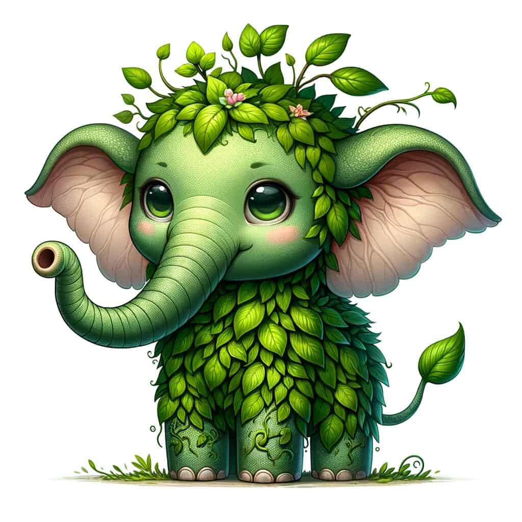 A cute adorable mashup animal character that's a mashup of a Elephant and plants.