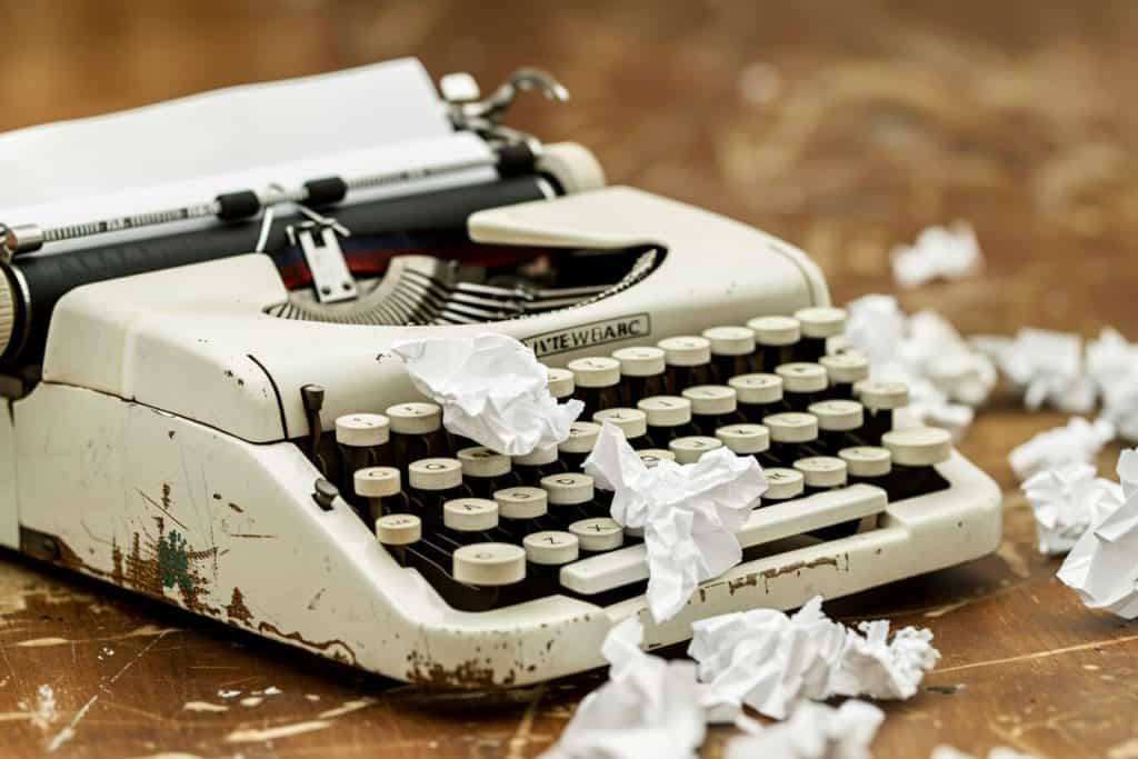 A type writer with a bunch of crumpled up papers strewn about. 