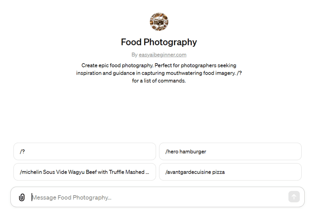 Food Photography GPT Hero Interface image.