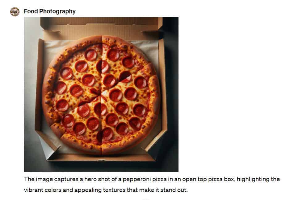 Food Photography GPT example of a hero shot of a pizza in a box.