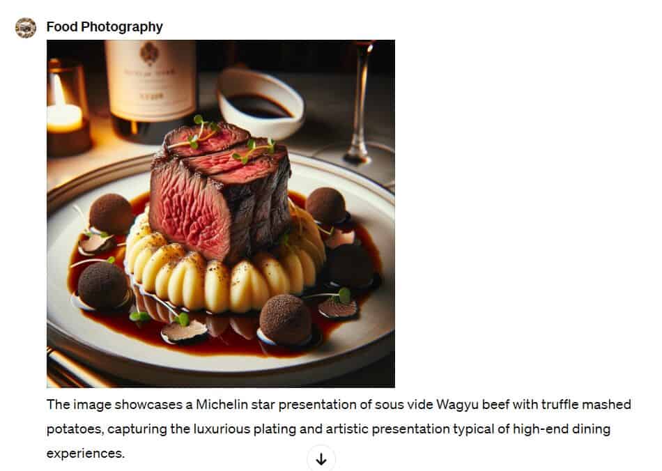 Foot Photography GPT /michelin example. Michelin star presentation of steak, mashed potatoes, and garnishes.