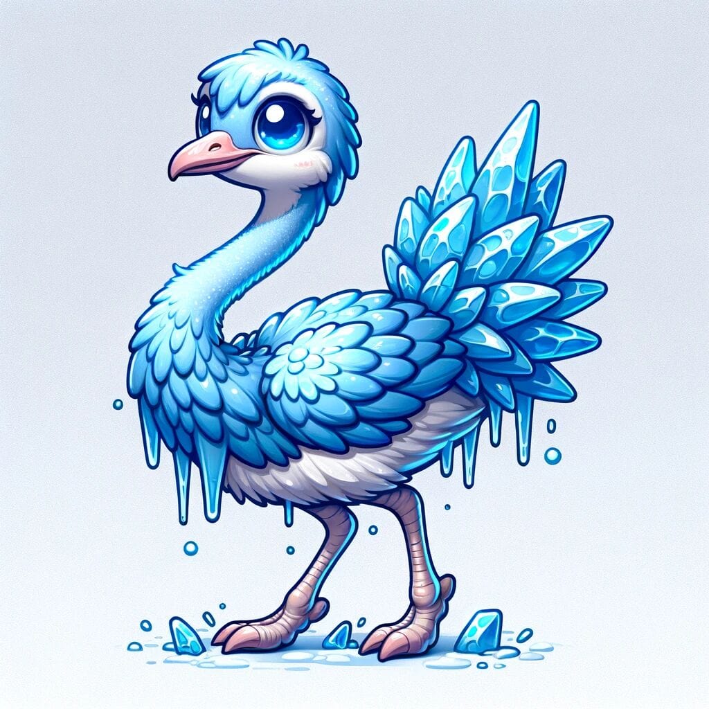 A cute adorable mashup animal character that's a mashup of a Ostrich and ice.