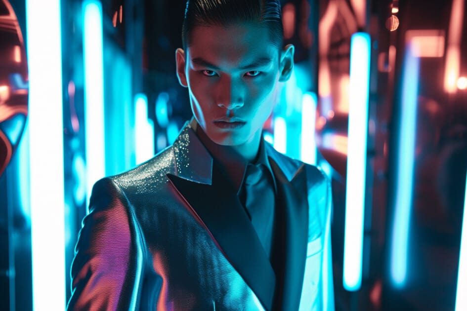 Futuristic runway shot. Male, Asian ethnicity, sharp haircut, intense eyes. Reflective silver suit, minimalist design, neon accents. Futuristic cityscape, night time. Neon lighting, cutting-edge and mysterious mood.