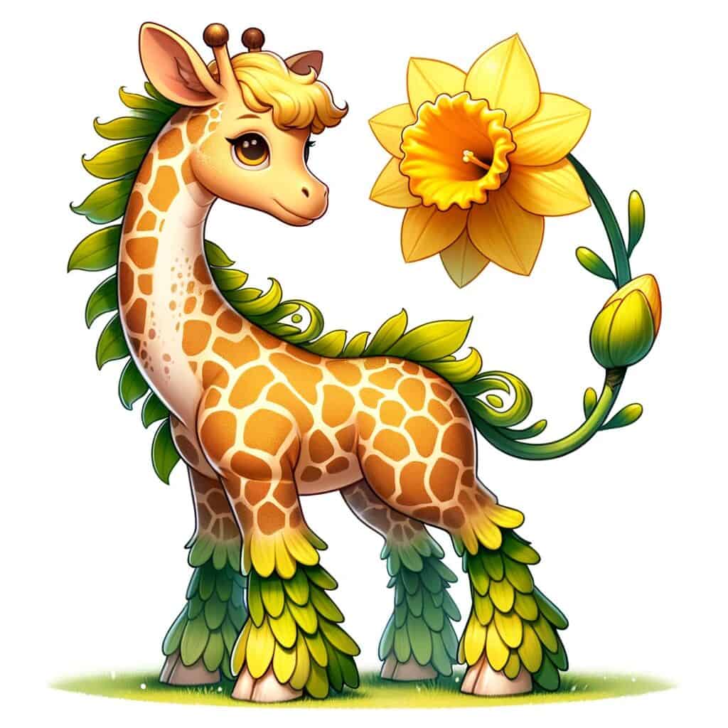 A cute adorable mashup animal character that's a mashup of a Girafe and a Dafodil.