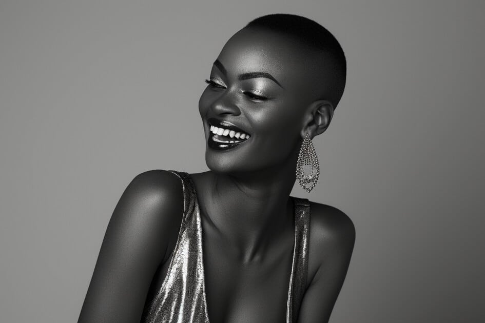 High fashion studio shot. Female, African ethnicity, sleek short hair, captivating smile. Metallic gold dress, avant-garde design, statement earrings. Monochrome studio backdrop. Soft lighting, elegant and sophisticated mood.