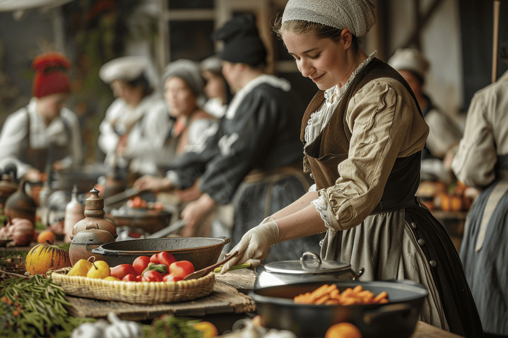 A woman doing a historical cooking demonstation.