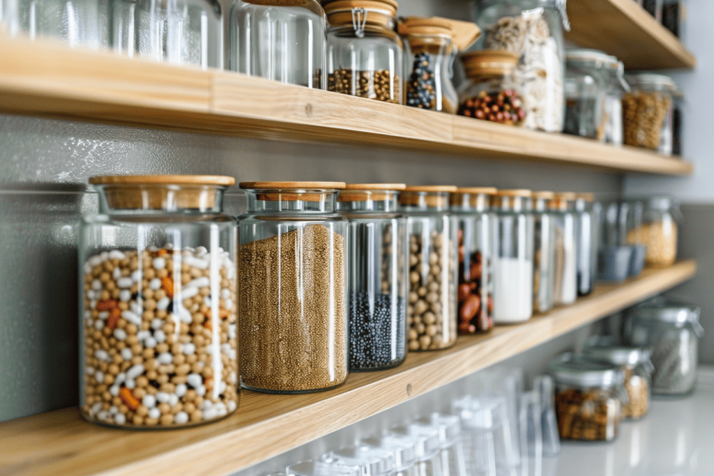 Jars filled with craft supplies arranged neatly on a shelf.