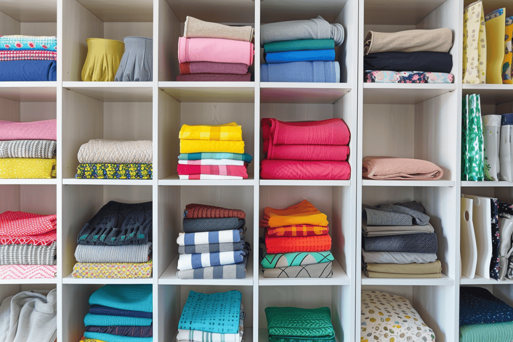 A bunch of clothes folded and arranged neatly on shelves. 