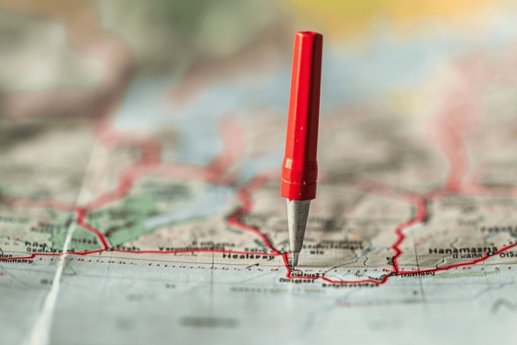 A red pen drawing on a map.