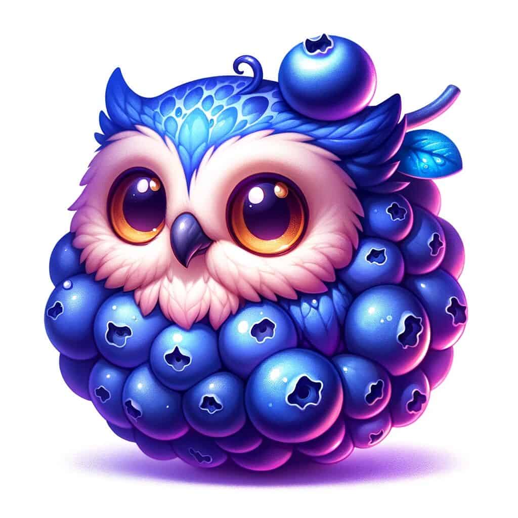 A cute adorable mashup animal character that's a mashup of a Owl and Blueberries.