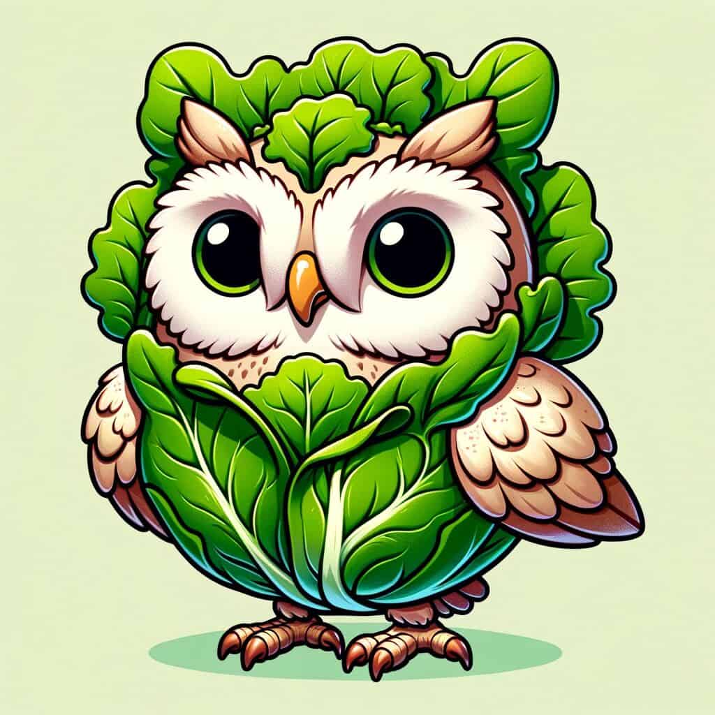 A cute adorable mashup animal character that's a mashup of an owl and lettuce.
