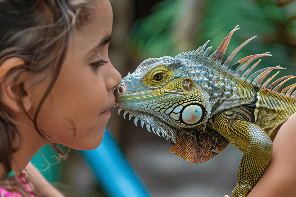 A young girl kissing an Iguana.