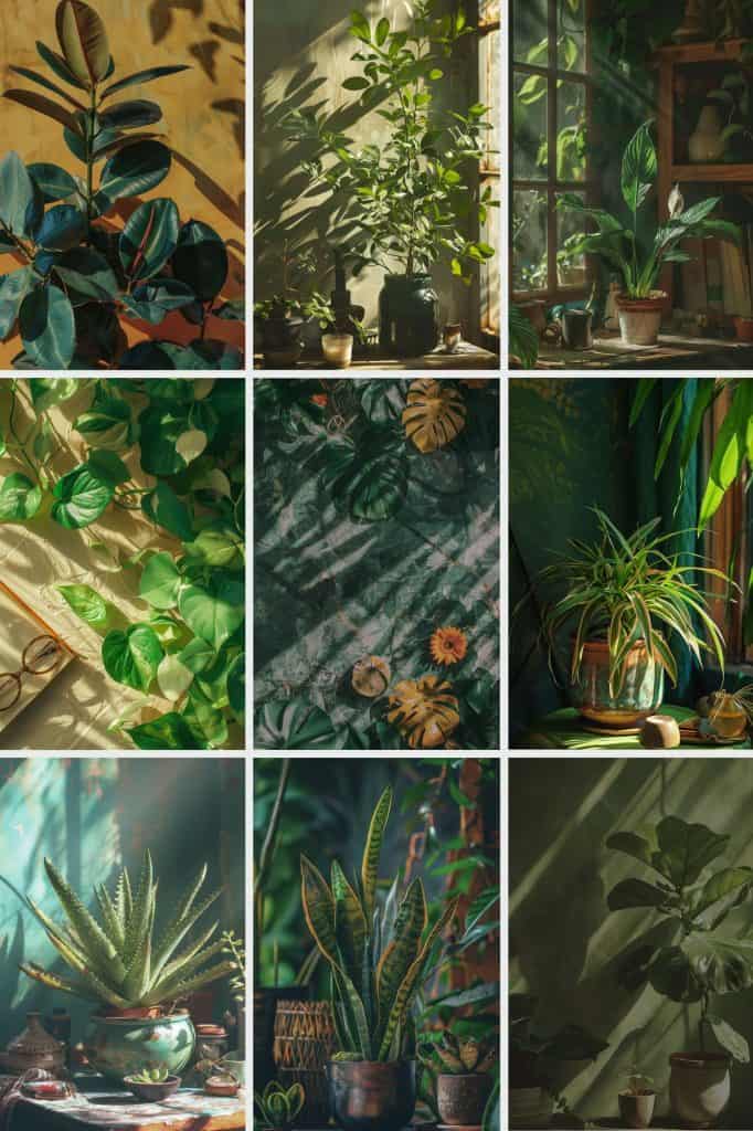 A collage of plant pinterest pins created with Midjourney permutations.