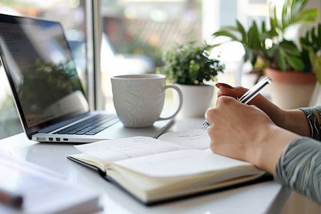 A close up of a persons hands writting in a notebook at a desk.