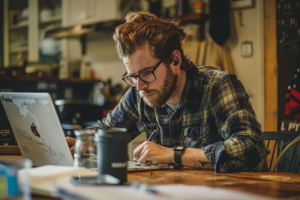 A man sitting down at his computer doing podcast planning.