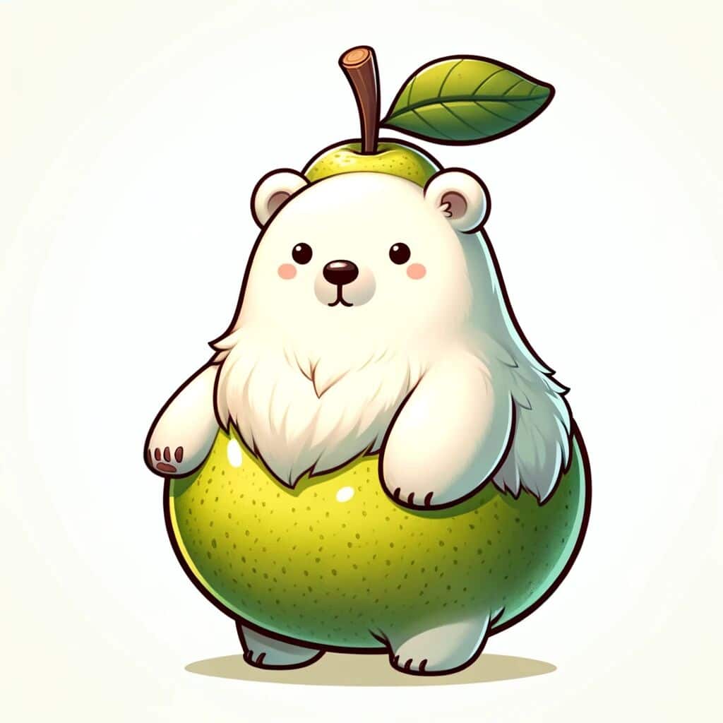 A cute adorable mashup animal character that's a mashup of a Polar Bear and a Pear.
