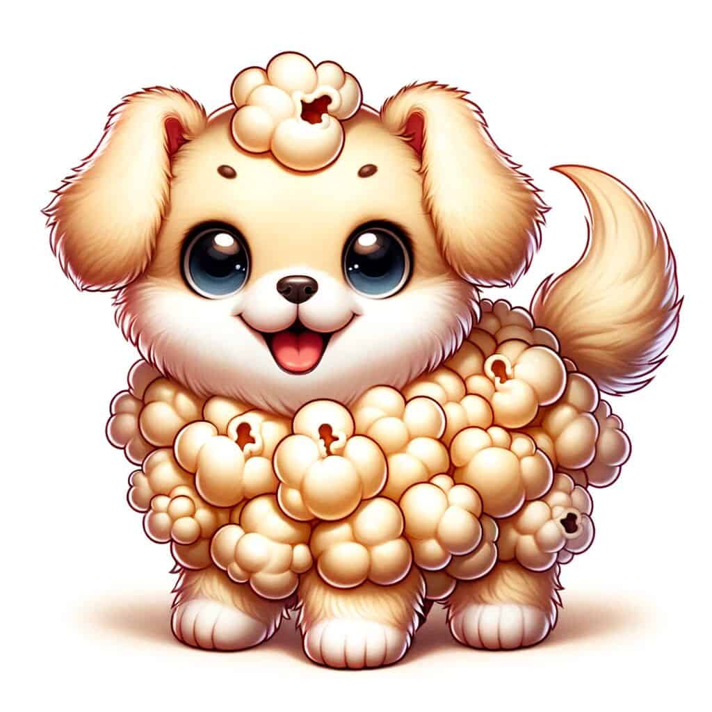 A cute adorable mashup animal character that's a mashup of a Dog and Popcorn.