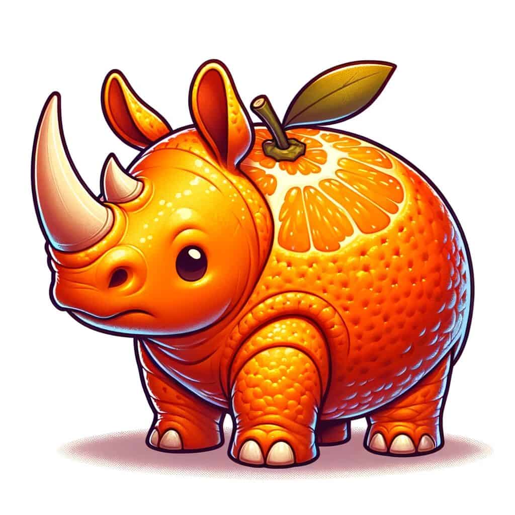 A cute adorable mashup animal character that's a mashup of a Rhino and an orange.
