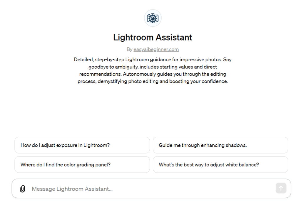 Lightroom Assistant GPT Hero Interface image.