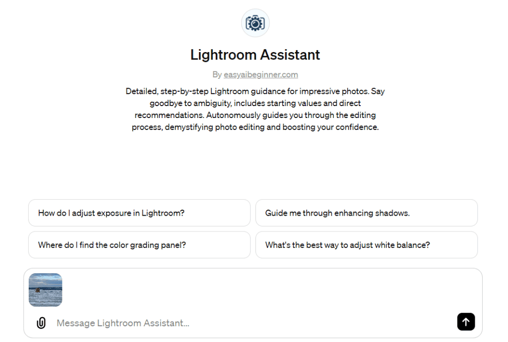 Lightroom Assistant GPT uploading a photo to be analyzed.