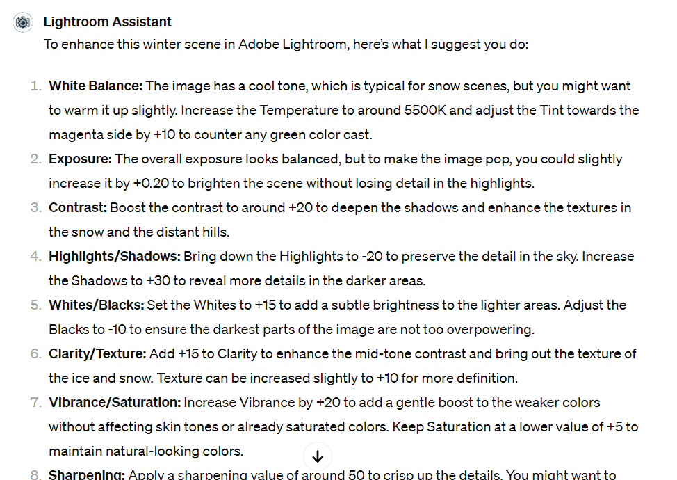 Lightroom Assistant GPT sample instructions.