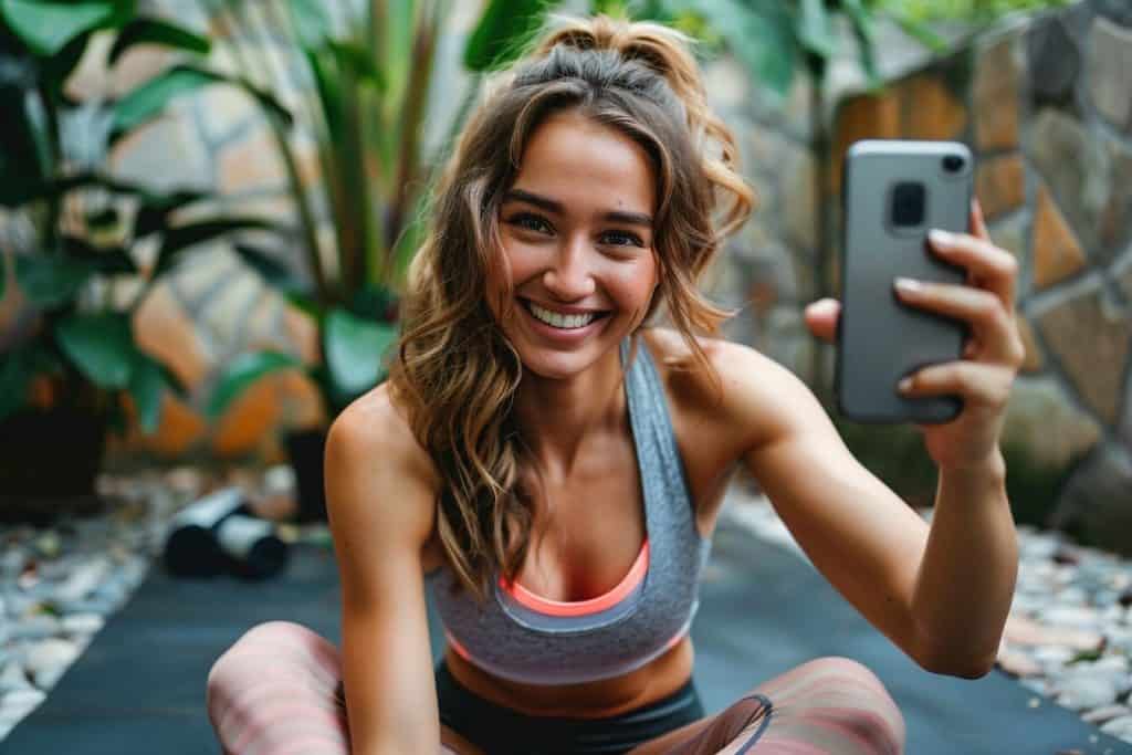 A photo of a fitness influencer sitting on a yoga mat holding her phone.