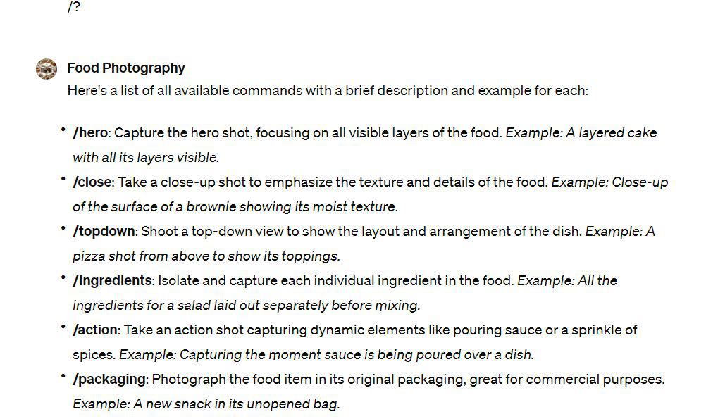 Some of the commands you can use with Food Photography GPT.