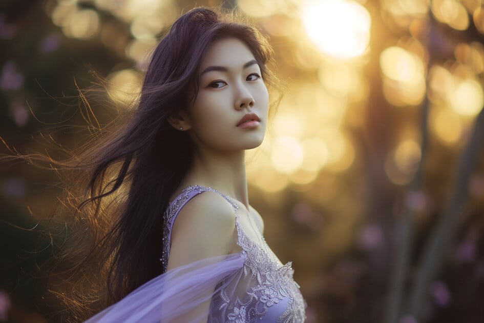 Sophisticated evening fashion shot. Female, Asian ethnicity, long flowing hair, serene expression. Sheer lavender gown, delicate lace details, silver jewelry. Enchanted forest backdrop, twilight setting. Soft, ethereal lighting, dreamy and romantic mood.