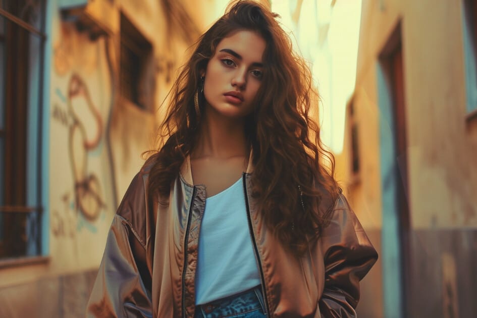 Vintage streetwear shot. Female, mixed ethnicity, wavy brown hair, confident look. Retro bomber jacket, high-waisted jeans, graphic sneakers. Old city alley, evening ambiance. Warm tones, nostalgic and bold mood.