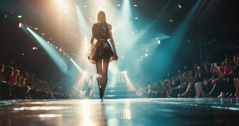 Wide-angle fashion show runway shot. Female model confidently striding down the catwalk. Chic, high-fashion ensemble, embodying the latest trends. The runway illuminated by stylish lighting, accentuating the outfit's textures and colors. In the background, an enthusiastic crowd visible, capturing the vibrant energy of the fashion world. The scene is dynamic and glamorous, showcasing the excitement and elegance of the fashion show