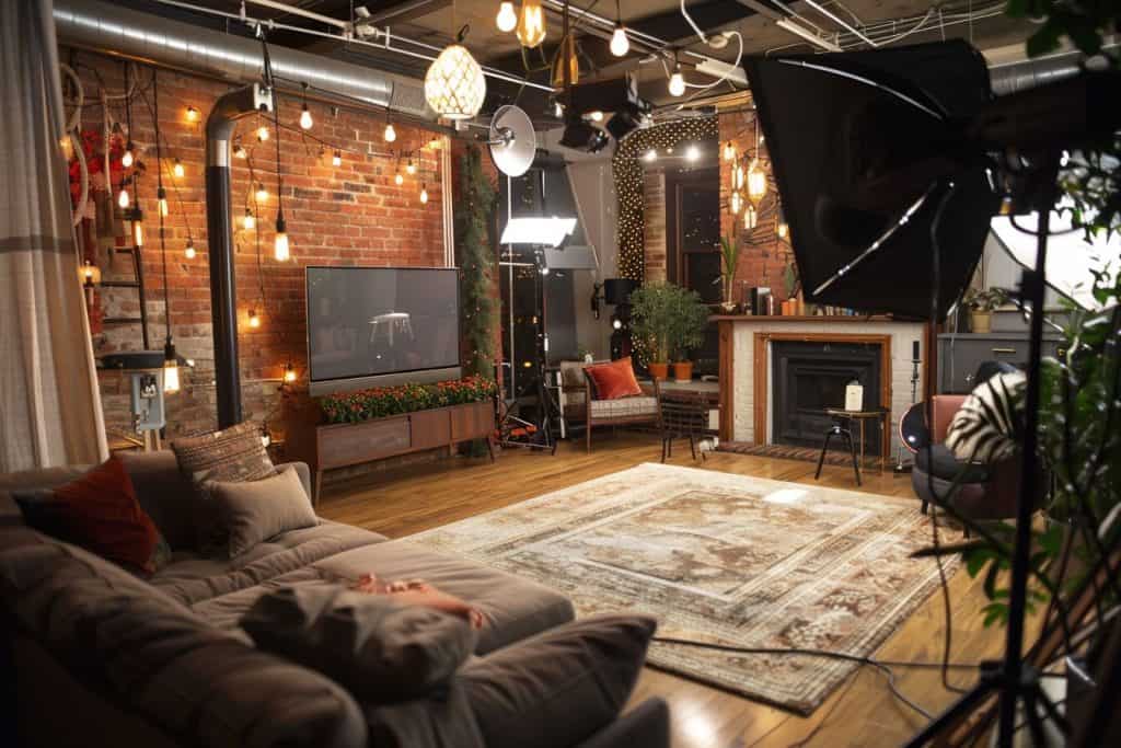 A living room set up with video and lighting equipment.