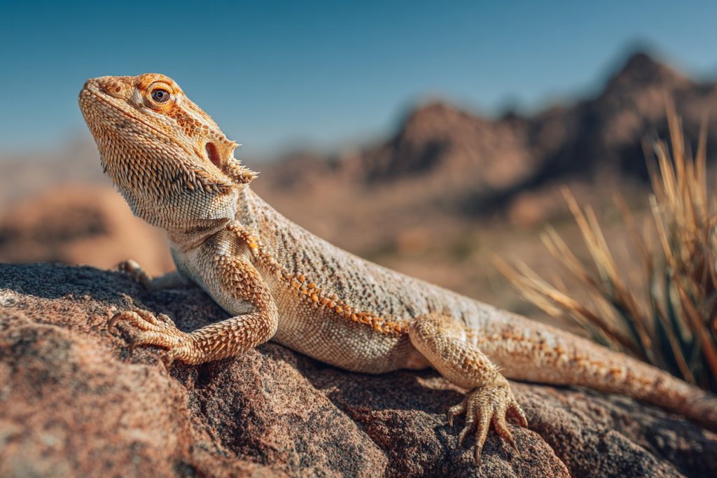 A bearded dragon basking on a sun warmed rock.