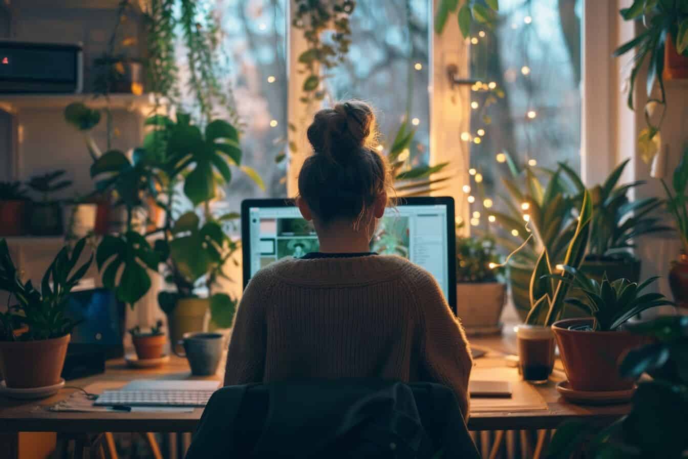 A blogger staring thoughtfully at a blank computer screen trying to write.