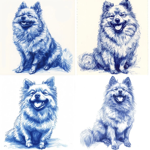 Four blue ink drawings of a keeshond dog, sitting and smiling.