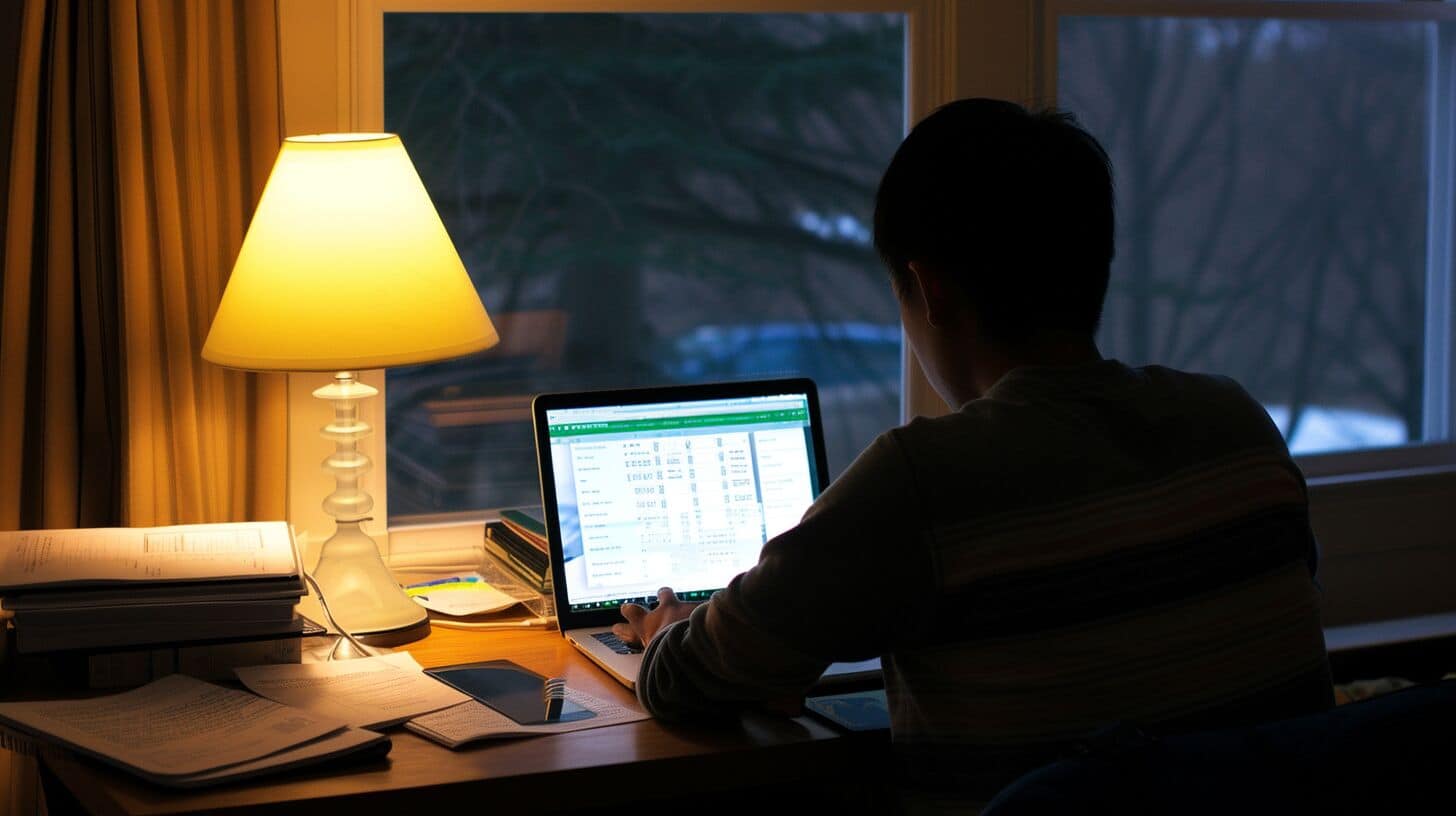 Student studying with the help of ChatGPT, focusing on a laptop screen that explains a complex math problem, in a softly lit room.