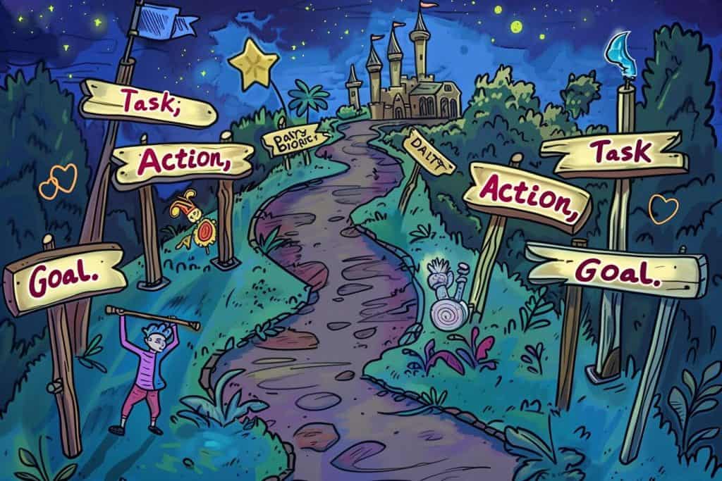Cartoon drawing of a path through a magical forest with signposts for Task, Action, and Goal, leading to a castle, representing mastering TAG.